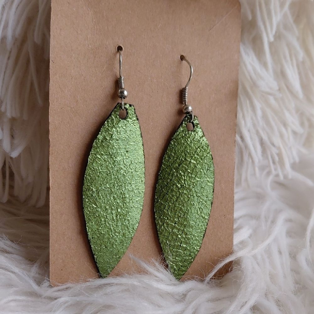Leather Vibrant Green Leaf Earrings